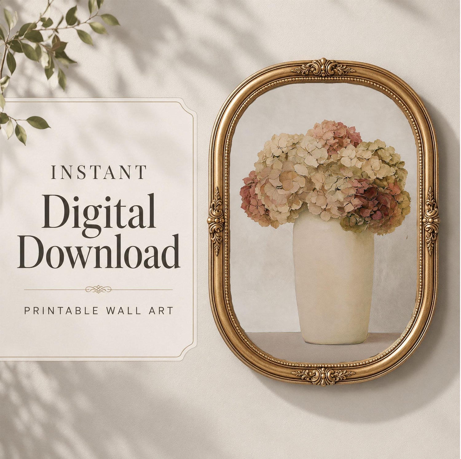 Vintage Hydrangea Botanical Print, Neutral Floral Art, Cottagecore Wall Decor (Digital Download)