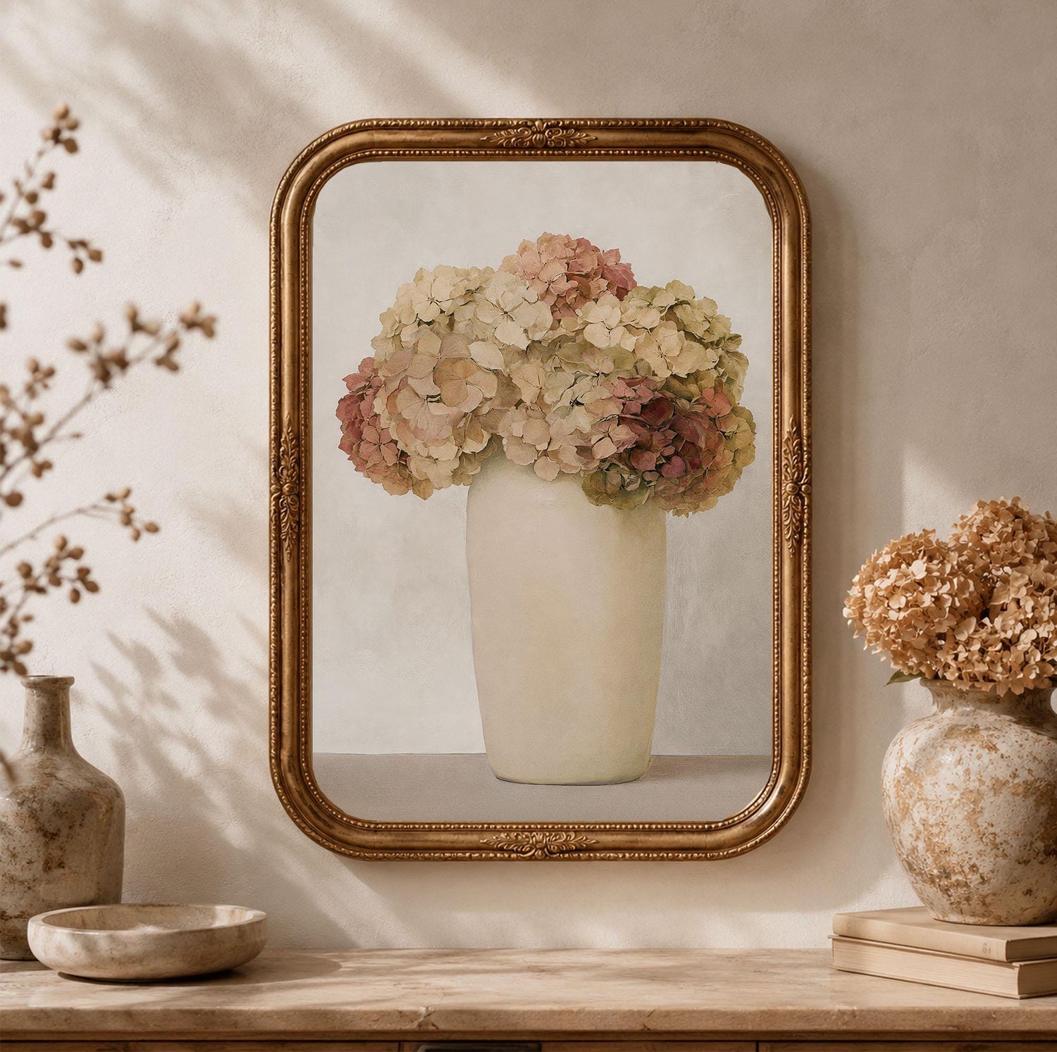 Vintage Hydrangea Botanical Print, Neutral Floral Art, Cottagecore Wall Decor (Digital Download)