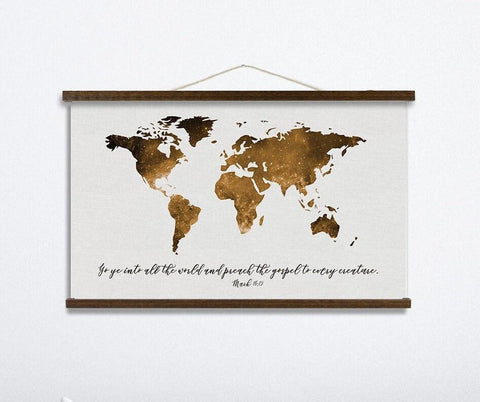 Go Ye Into All The World And Preach The Gospel Rustic Wood Hanging Canvas| Mark 16:15 | World Map Water Color Style World Map | Gospel Map - Forever Written