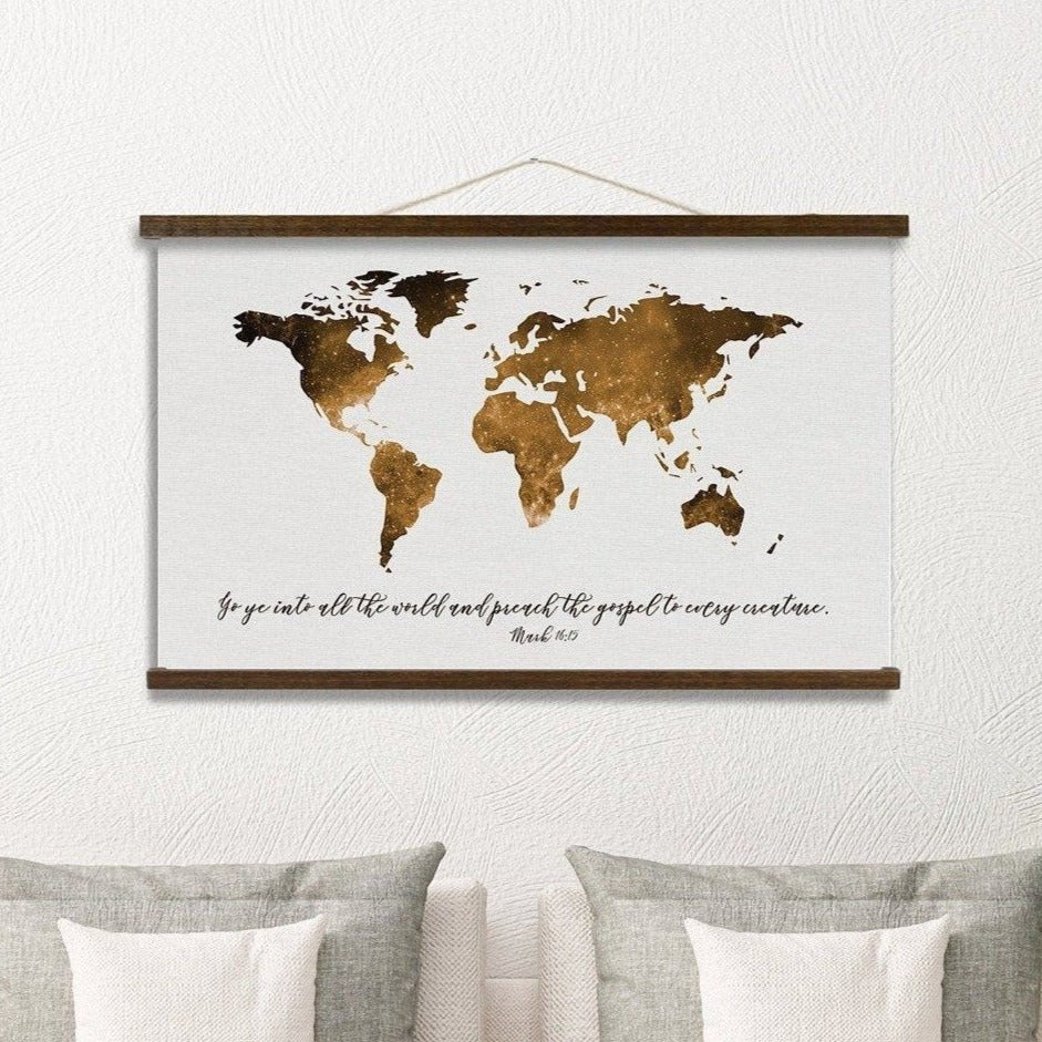 Go Ye Into All The World And Preach The Gospel Rustic Wood Hanging Canvas| Mark 16:15 | World Map Water Color Style World Map | Gospel Map - Forever Written