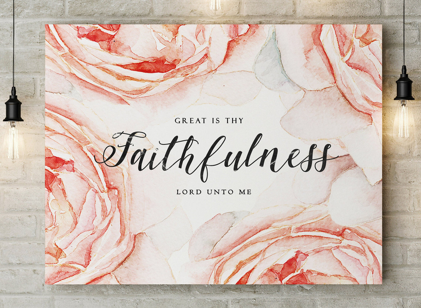 Great Is Thy Faithfulness Canvas or Fine Art Print Scripture Wall Art | Soft Pink Watercolor Art |  Bible verse canvas Christian Home Decor