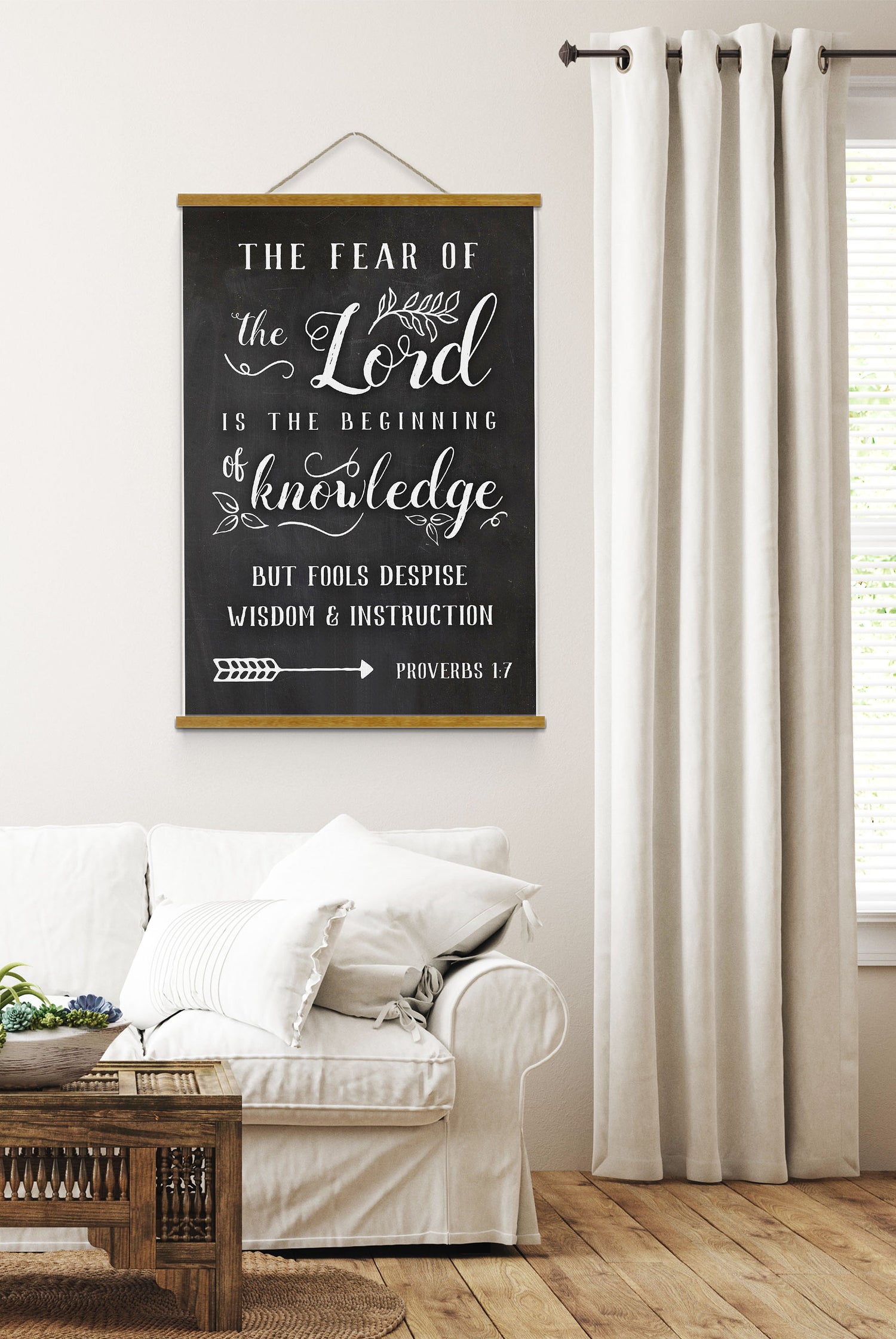 The Fear of the Lord is the Beginning of knowledge | Bible Verse Hanging Canvas | Proverbs 1:7 Scripture Wall Art Wood Hanging Canvas