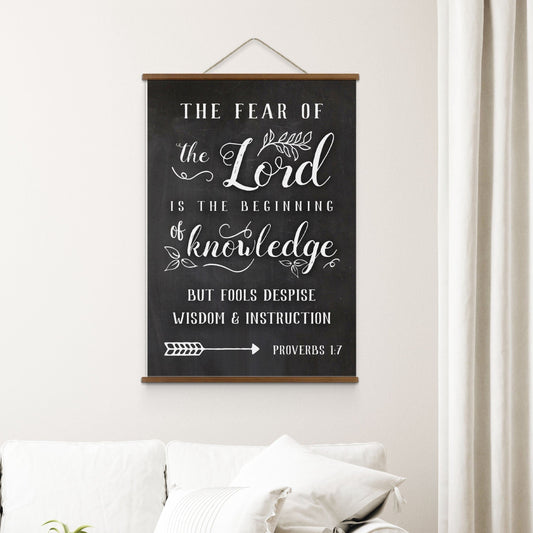 The Fear of the Lord is the Beginning of knowledge | Bible Verse Hanging Canvas | Proverbs 1:7 Scripture Wall Art Wood Hanging Canvas
