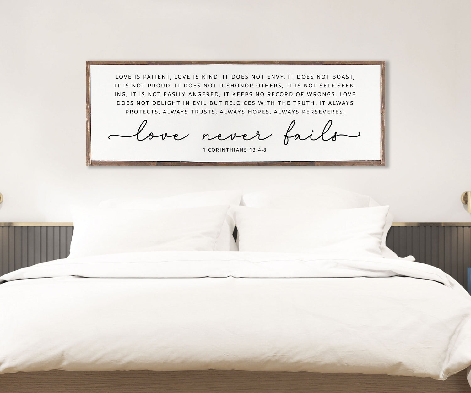 Love Never Fails Christian Wood Sign | Master bedroom  Farmhouse Wood Sign | CHRISTIAN WALL ART | Scripture Wall Art | 1 Corinthians 13: 4-8