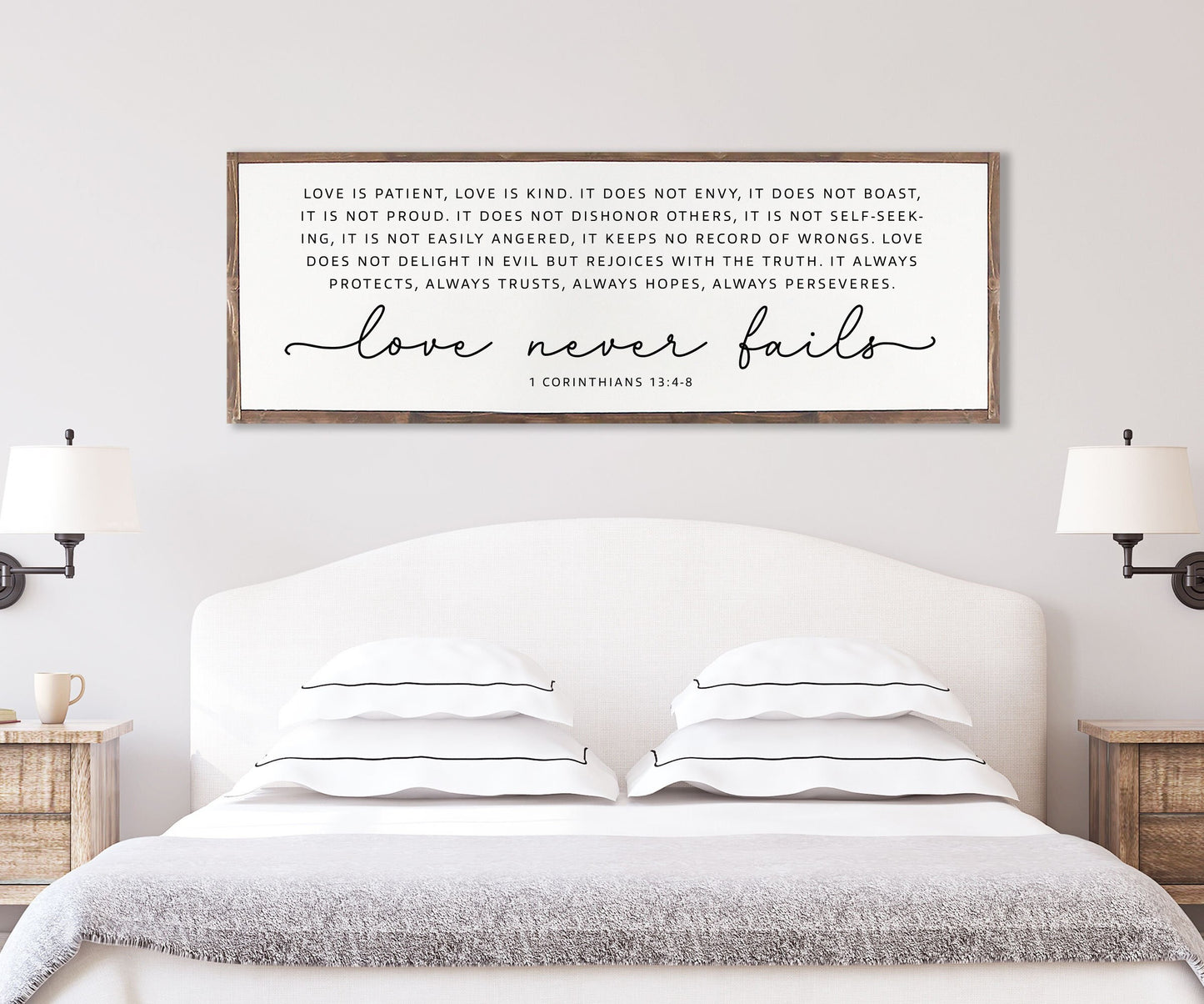 Love Never Fails Christian Wood Sign | Master bedroom  Farmhouse Wood Sign | CHRISTIAN WALL ART | Scripture Wall Art | 1 Corinthians 13: 4-8