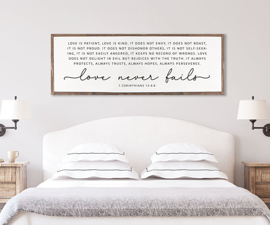Love Never Fails Christian Wood Sign | Master bedroom  Farmhouse Wood Sign | CHRISTIAN WALL ART | Scripture Wall Art | 1 Corinthians 13: 4-8