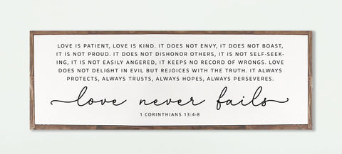 Love Never Fails Christian Wood Sign | Master bedroom  Farmhouse Wood Sign | CHRISTIAN WALL ART | Scripture Wall Art | 1 Corinthians 13: 4-8