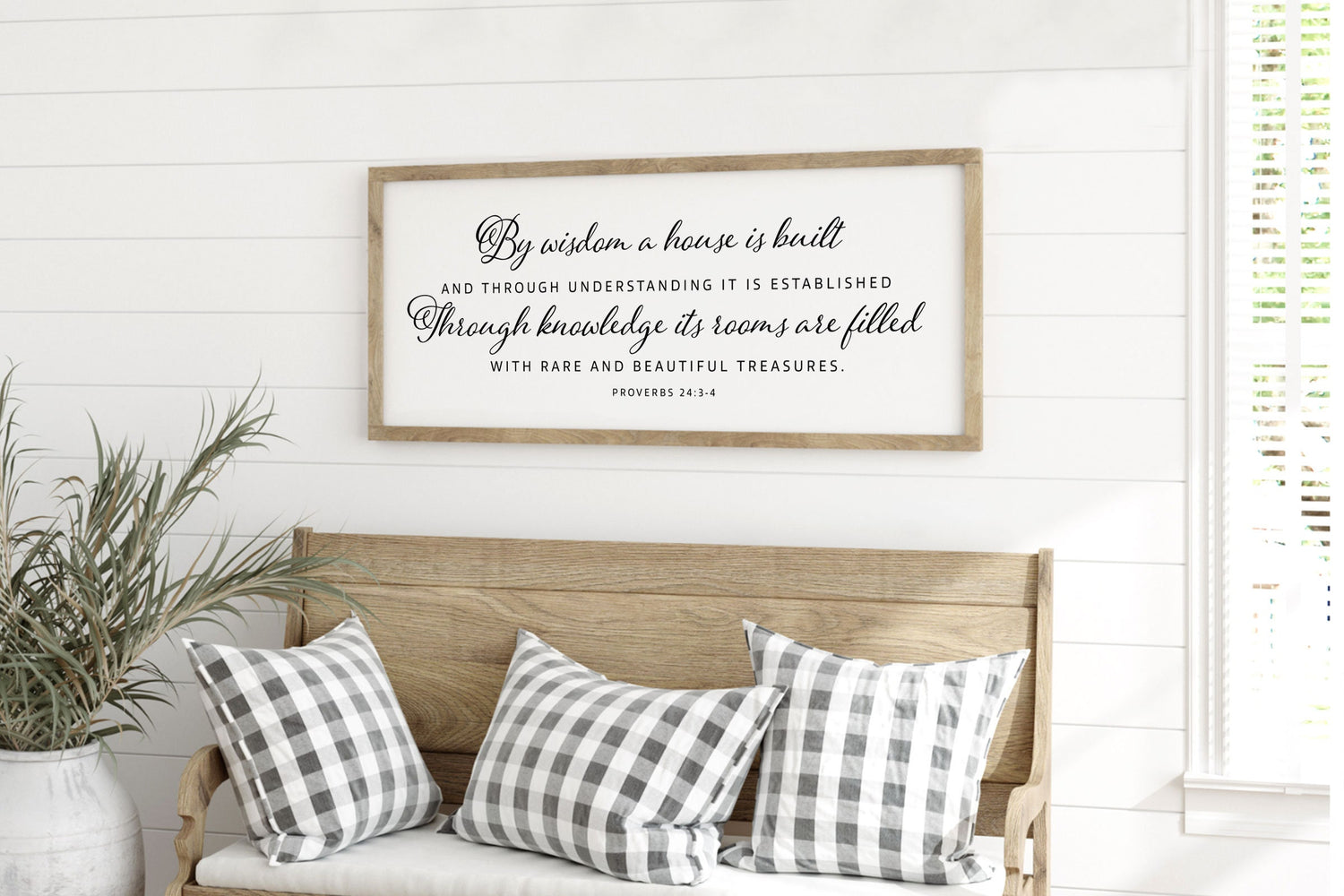 By Wisdom A House is Built Wood Sign Farmhouse | Scripture Sign | framed wood sign | Living Room Sign | Christian Wall Art | Proverbs 24:3-4