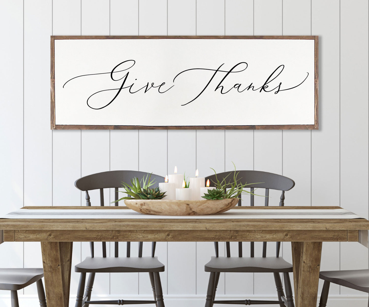GIVE THANKS FARMHOUSE |  Give Thanks sign // large thanksgiving sign // dining room sign // framed gather sign | wood sign | Give Thanks
