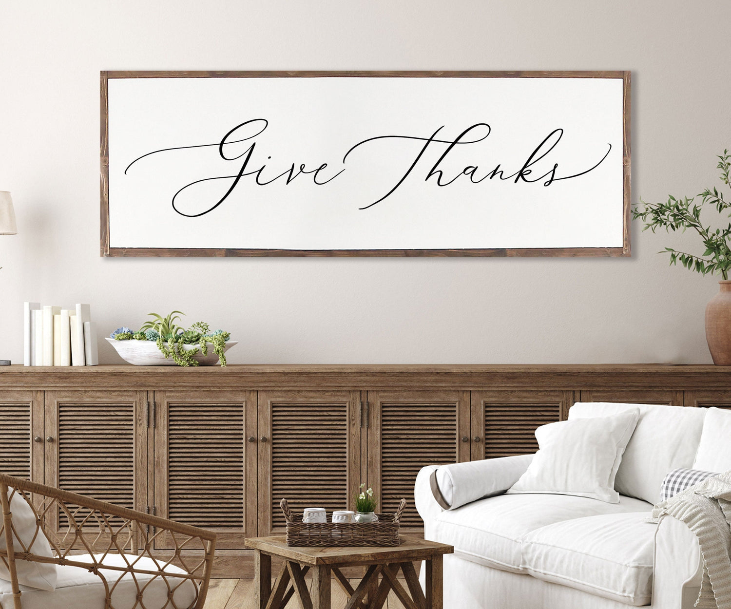 GIVE THANKS FARMHOUSE |  Give Thanks sign // large thanksgiving sign // dining room sign // framed gather sign | wood sign | Give Thanks
