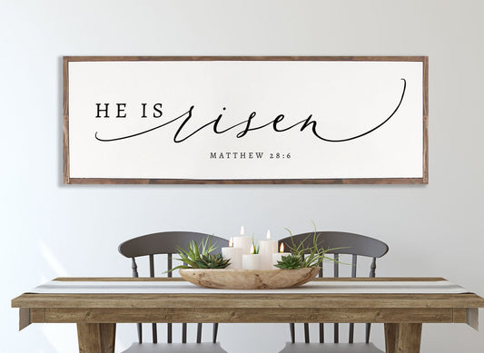 HE IS RISEN Easter Christian Wood Sign | Master bedroom  Farmhouse Wood Sign | Christian Wall Art | Scripture Wall Art | Matthew 28:6