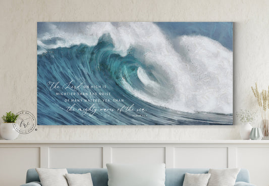 The Lord on High is Mightier Canvas Wall Art, | Christian Wall Art | Waves Coastal Beach Painting | Coastal Wall Art | Psalm 93:4 Wall Art