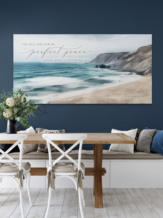 Perfect Peace Coastal Canvas Wall Art, | Christian Wall Art | Coastal Beach Painting | Beach Coastal Wall Art | Isaiah 26:3 Wall Art