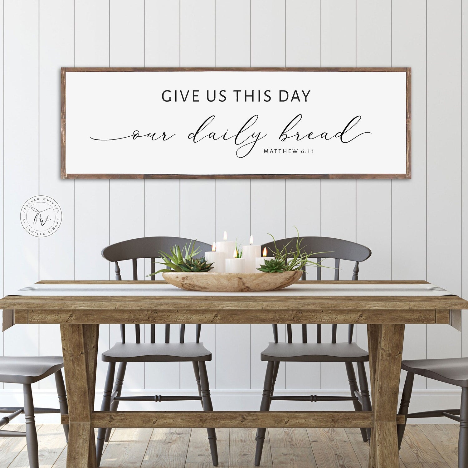 Give Us This Day our Daily Bread, Scripture, Rustic Farmhouse house, handmade sign, by Forever Written. Frames available in colors. The sign is available in sizes
