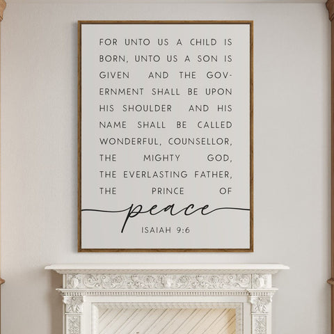 For unto us a child is born Isaiah 9:6, The Christmas Story Canvas Wall Art, Prince of Peace, Christmas Bible Verse Sign, Scripture Wall Art