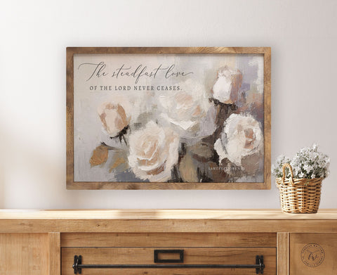 Scripture Wall Art | The steadfast Love of the Lord never ceases | Lamentations 3:22 | Bible Verse Wall Art | Vintage | Framed Wood Sign