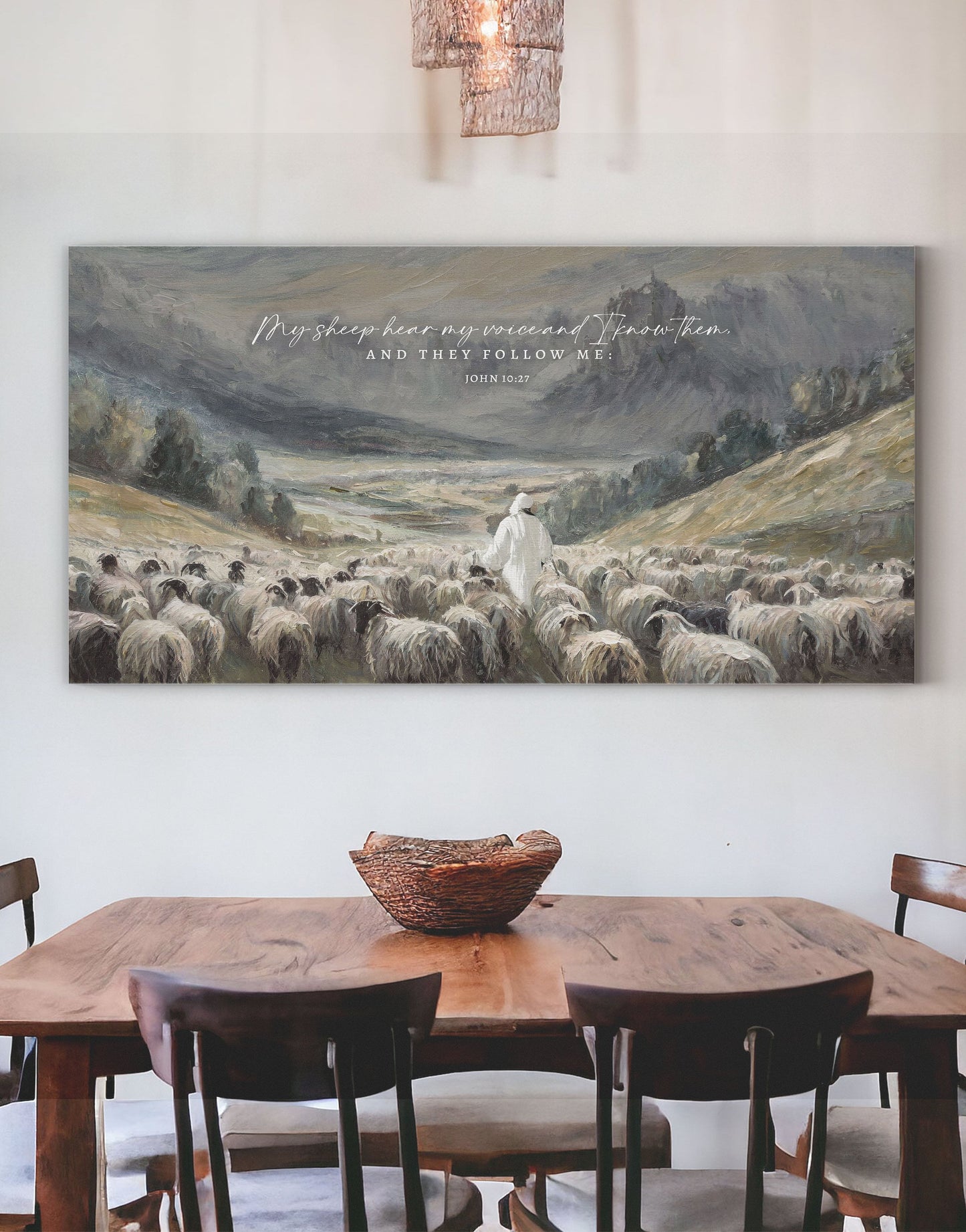 Christian Wall Art | My Sheep Know My Voice, Jesus leads the Sheep oil Painting Print on Canvas Wall Art | John 10:27 Scripture Wall Art