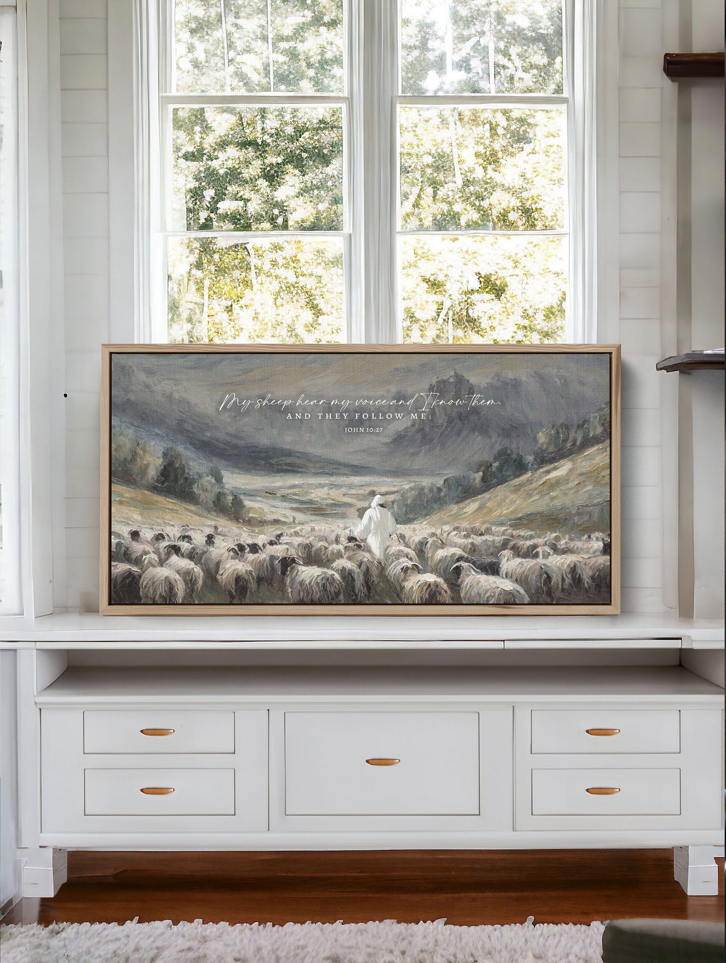 Christian Wall Art | My Sheep Know My Voice, Jesus leads the Sheep oil Painting Print on Canvas Wall Art | John 10:27 Scripture Wall Art