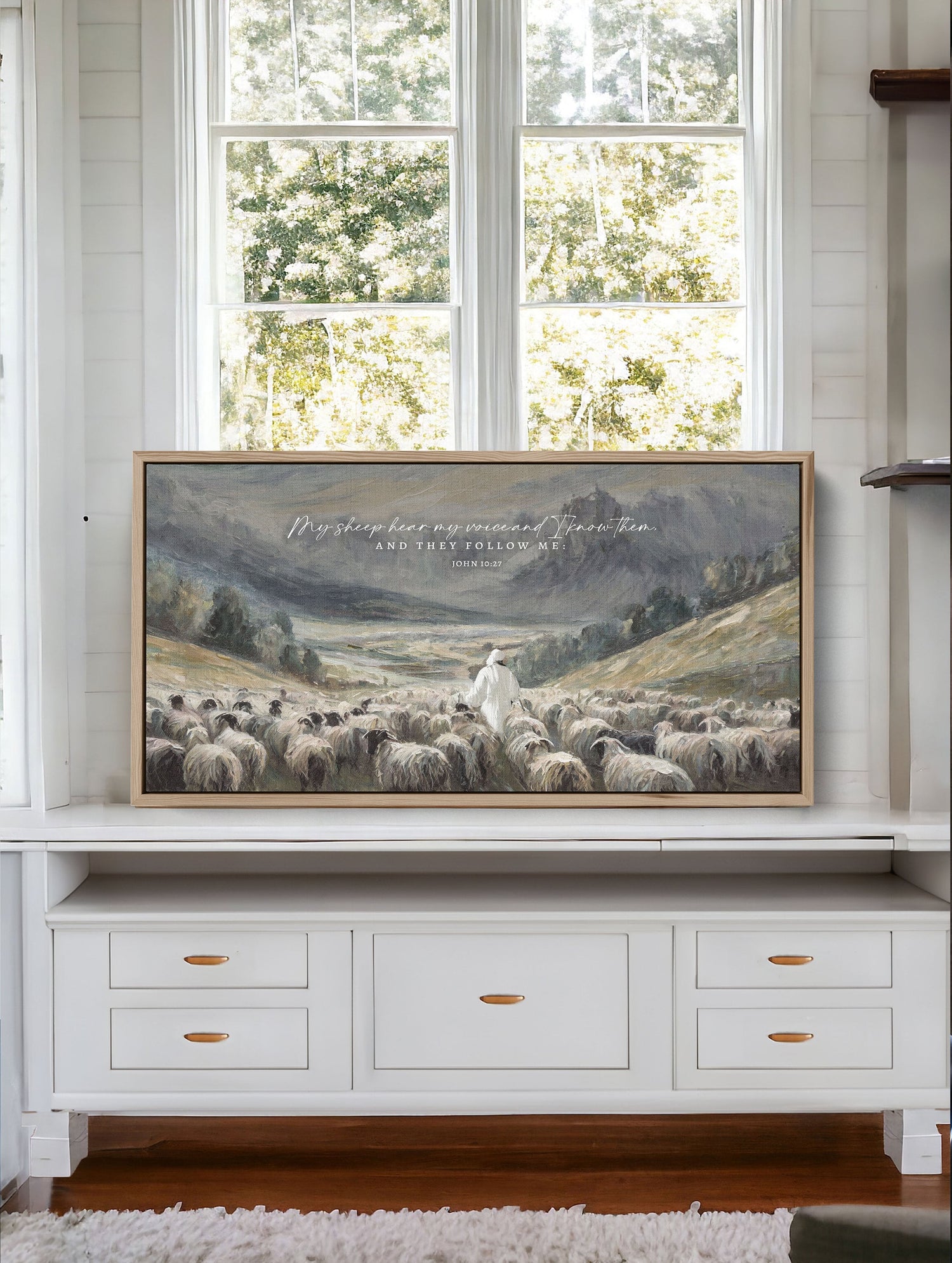 Christian Wall Art | My Sheep Know My Voice, Jesus leads the Sheep oil Painting Print on Canvas Wall Art | John 10:27 Scripture Wall Art