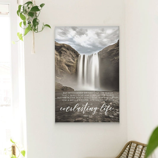 Scripture Wall Art John 4:14 | Bible Verse Sign | Christian Wall Decor | Bible Verse Wall Art | Everlasting Life Waterfall Canvas - Forever Written