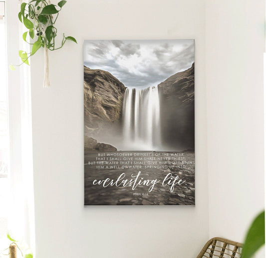 Scripture Wall Art John 4:14 | Bible Verse Sign | Christian Wall Decor | Bible Verse Wall Art | Everlasting Life Waterfall Canvas - Forever Written